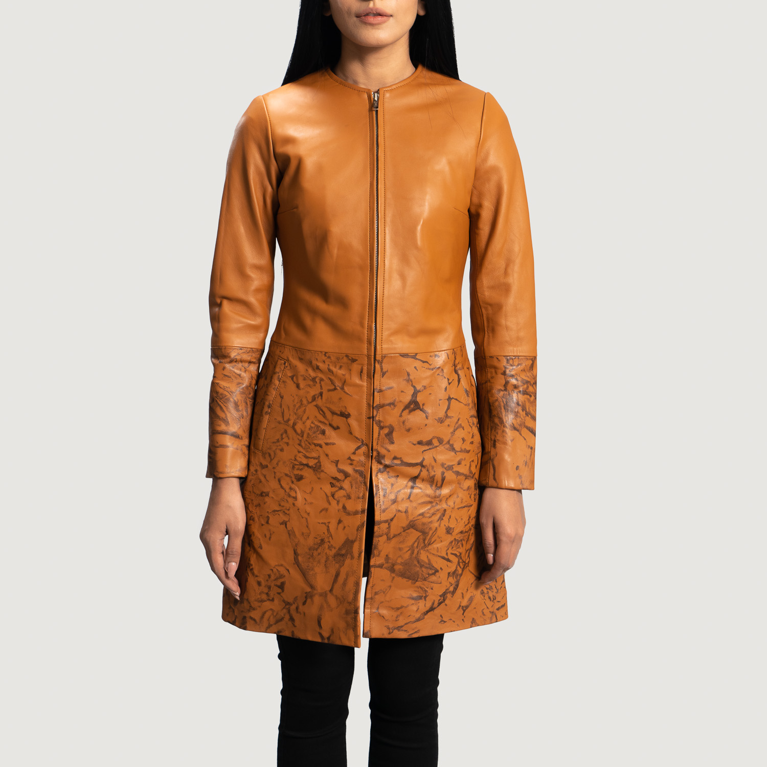 Womens Sandy Tan Dye Leather Coat Close Front-5-1664357541360